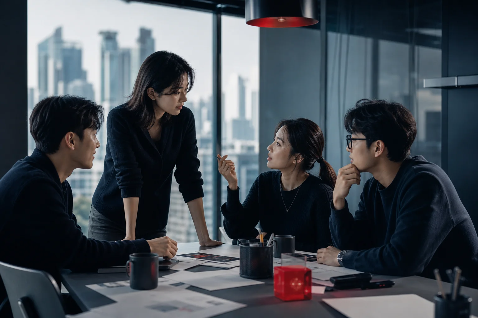 A Korean creative agency team collaborating in a Seoul office — bilingual, native execution