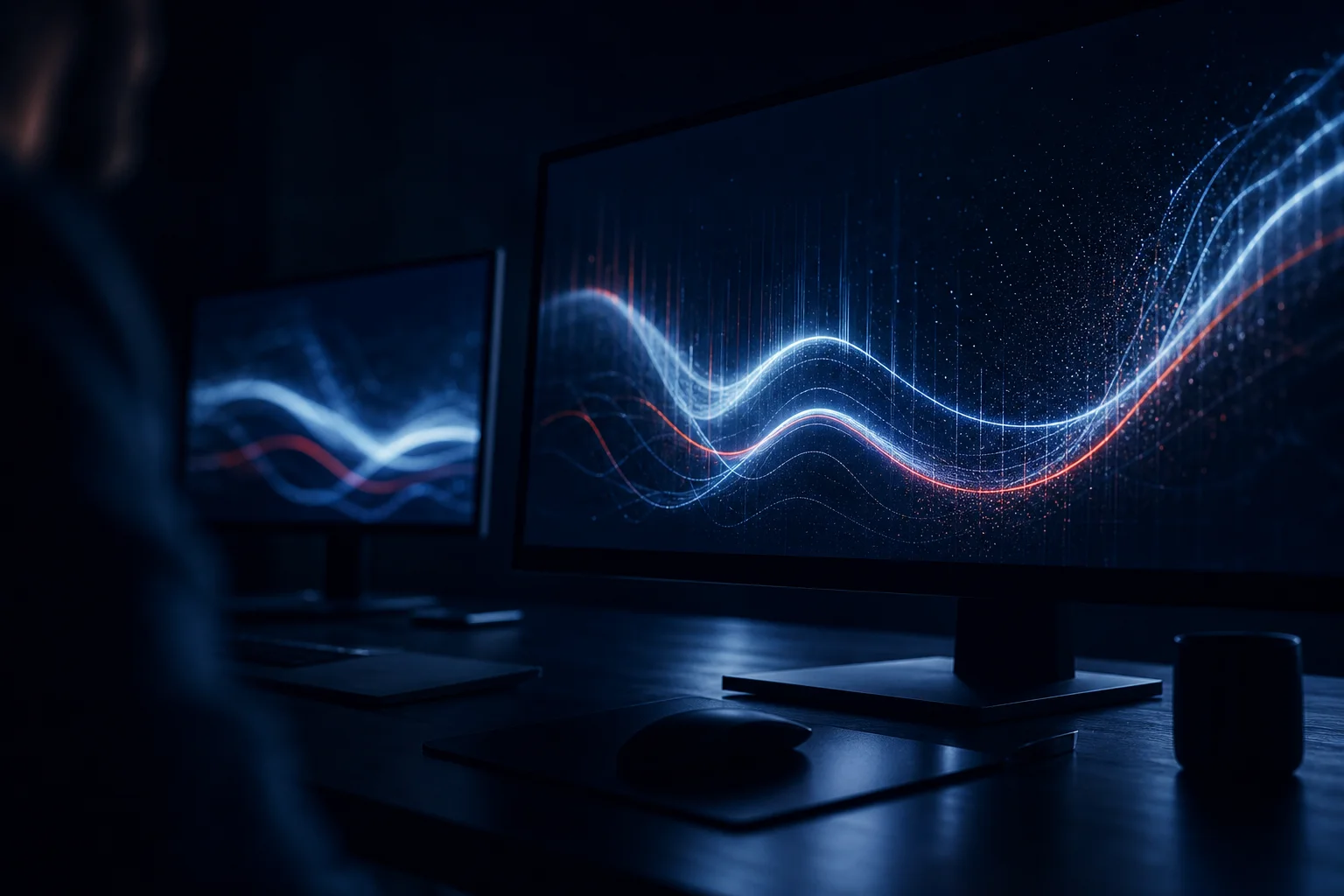A moody analytics workspace with data light streaks — data-led execution